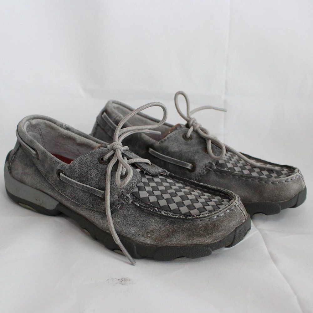 Twisted X Gray Squares Tooled Leather Boat Driving Shoe Size 3 Moccasins YDM0039